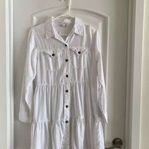 Elan White Long Sleeve Button-Front Tiered Dress